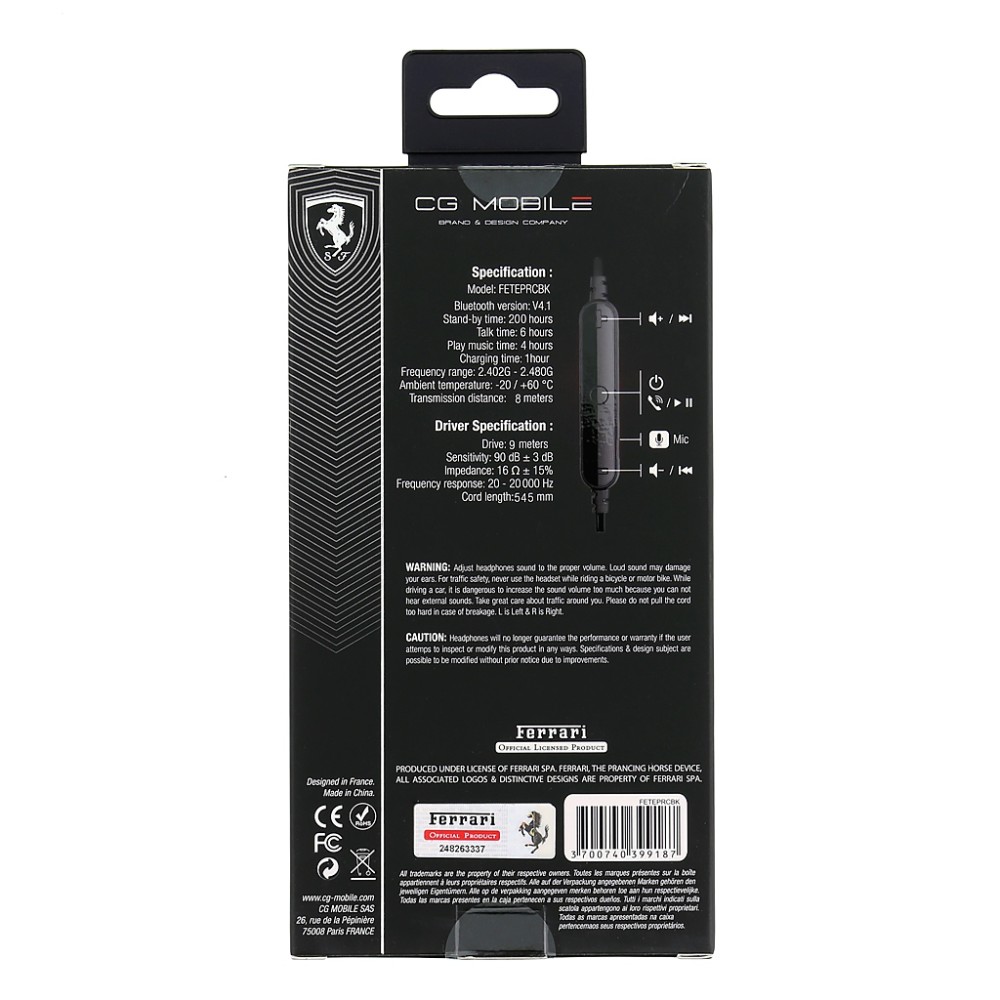 Ferrari Auriculares Bluetooth Estereo para Deporte - Entrenamiento - Negro
