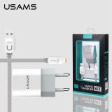 Chargeur de voyage USB Double Ports USAMS + Câble de charge Lightning 8 pin pour smartphone / tablette iOs - Blanc Chargeur de voyage USB Double Ports USAMS + Câble de charge Lightning 8 pin pour smartphone / tablette iOs - Blanc