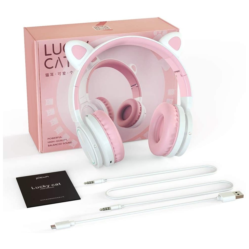 Picun Auriculares Bluetooth de Diadema Lucky Cat con Orejas de Gato - Blanco/Rosa
