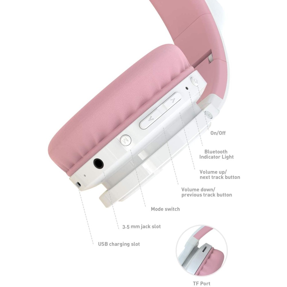 Picun Auriculares Bluetooth de Diadema Lucky Cat con Orejas de Gato - Blanco/Rosa