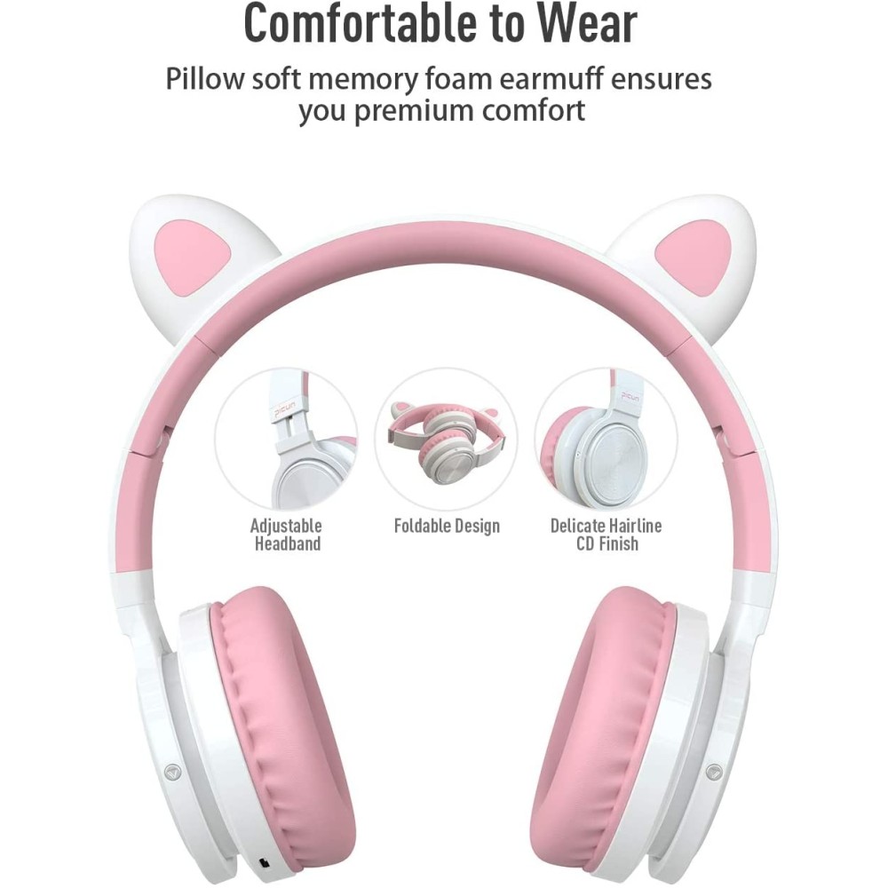 Picun Auriculares Bluetooth de Diadema Lucky Cat con Orejas de Gato - Blanco/Rosa