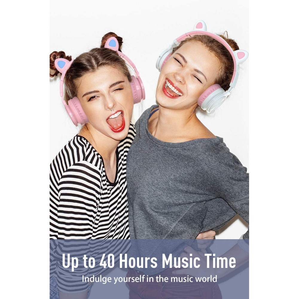 Picun Auriculares Bluetooth de Diadema Lucky Cat con Orejas de Gato - Blanco/Rosa