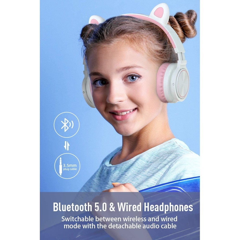 Picun Auriculares Bluetooth de Diadema Lucky Cat con Orejas de Gato - Blanco/Rosa