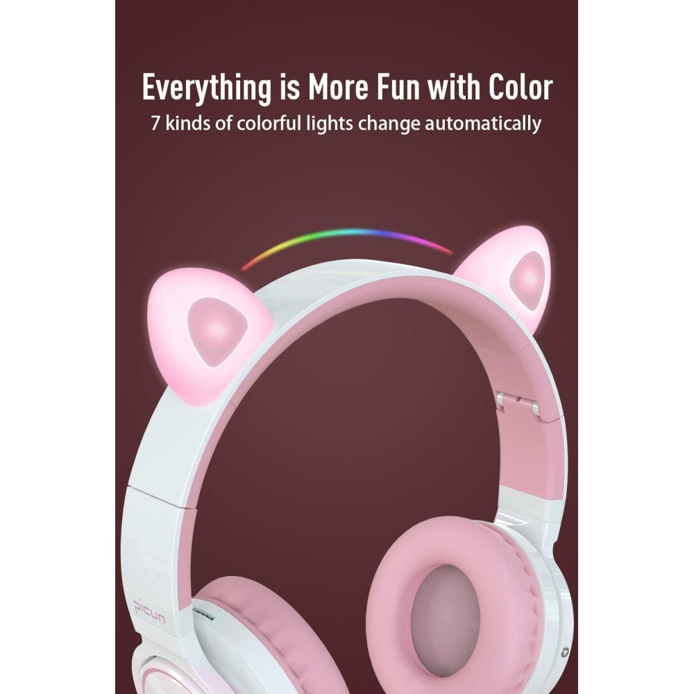Picun Auriculares Bluetooth de Diadema Lucky Cat con Orejas de Gato - Blanco/Rosa