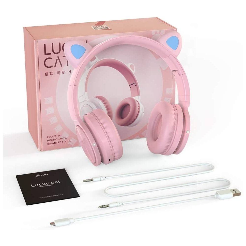 Picun Auriculares Bluetooth de Diadema Lucky Cat con Orejas de Gato - Rosa