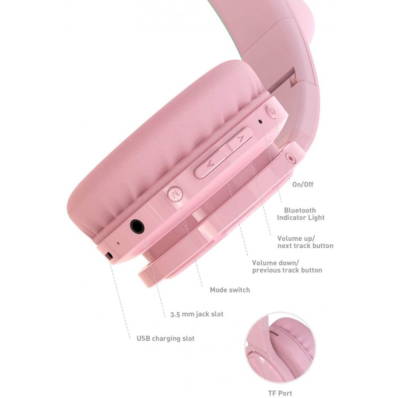 Picun Auriculares Bluetooth de Diadema Lucky Cat con Orejas de Gato - Blanco/Rosa