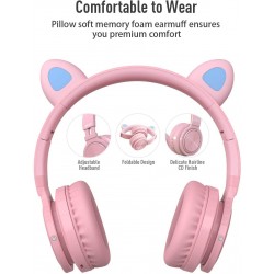 Picun Auriculares Bluetooth de Diadema Lucky Cat con Orejas de Gato - Blanco/Rosa