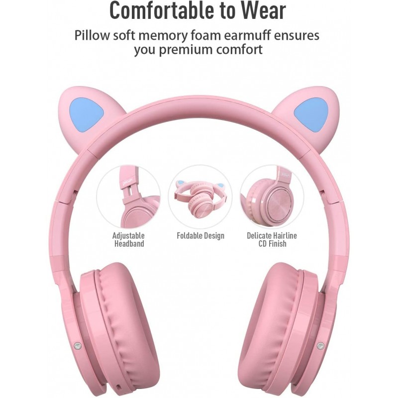 Picun Auriculares Bluetooth de Diadema Lucky Cat con Orejas de Gato - Blanco/Rosa