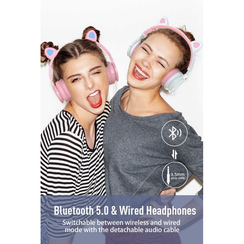 Picun Auriculares Bluetooth de Diadema Lucky Cat con Orejas de Gato - Blanco/Rosa