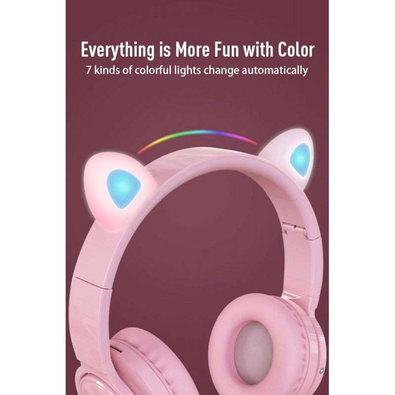 Picun Auriculares Bluetooth de Diadema Lucky Cat con Orejas de Gato - Blanco/Rosa