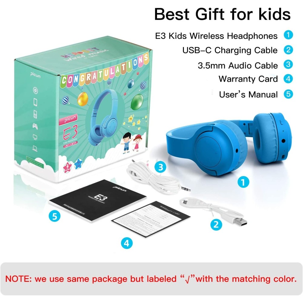 Picun E3 Foldable Stereo Bluetooth Headband Headphones for Kids - Blue