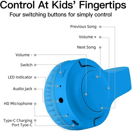 Picun E3 Foldable Stereo Bluetooth Headband Headphones for Kids - Blue