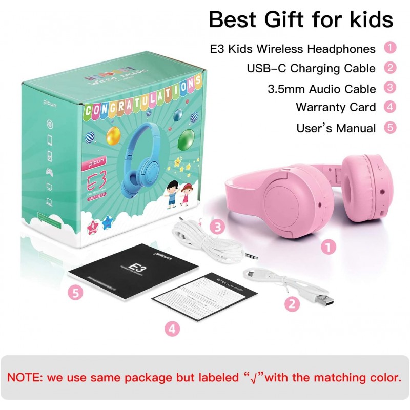 Picun E3 Foldable Stereo Bluetooth Headband Headphones for Kids - Pink