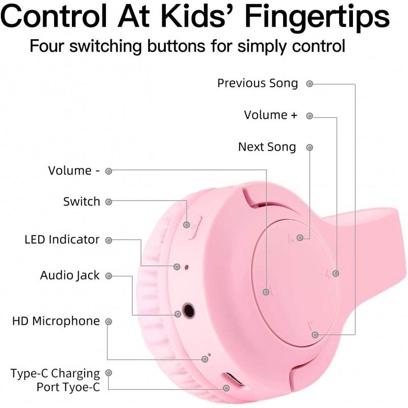 Picun E3 Foldable Stereo Bluetooth Headband Headphones for Kids - Pink