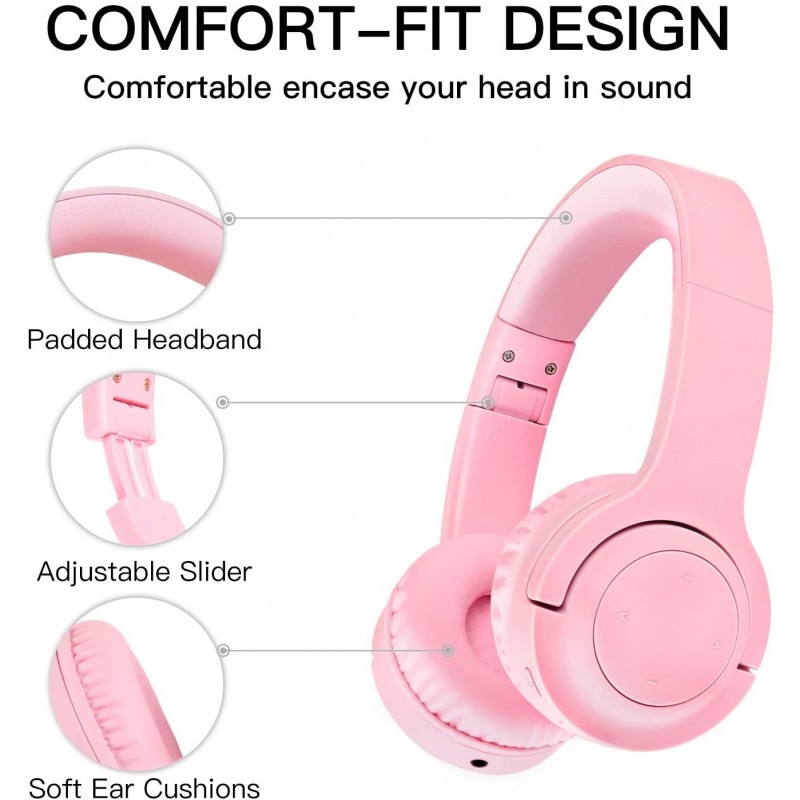 Picun E3 Foldable Stereo Bluetooth Headband Headphones for Kids - Pink