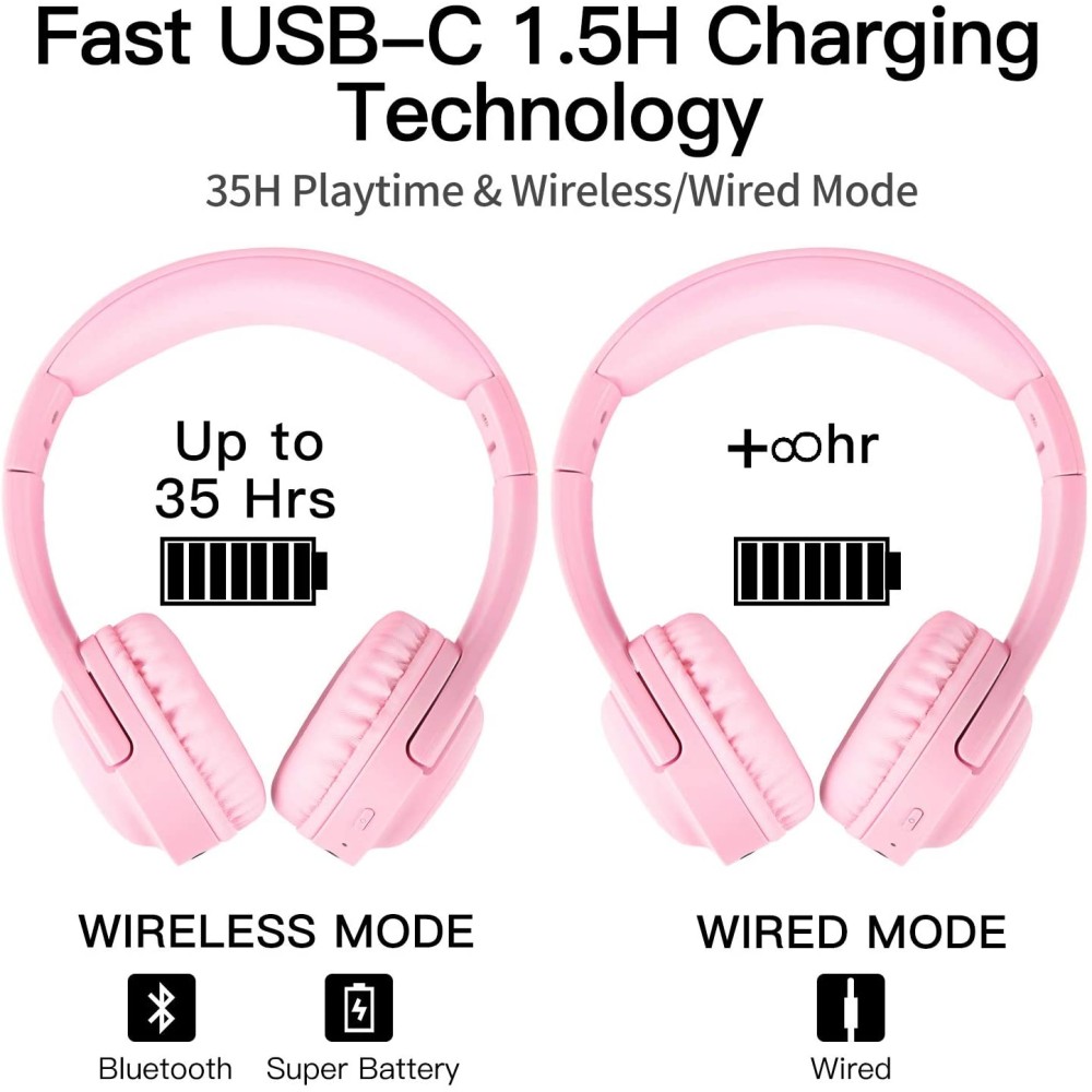 Picun E3 Auriculares Bluetooth Estereo Plegables de Diadema para Niños - Rosa