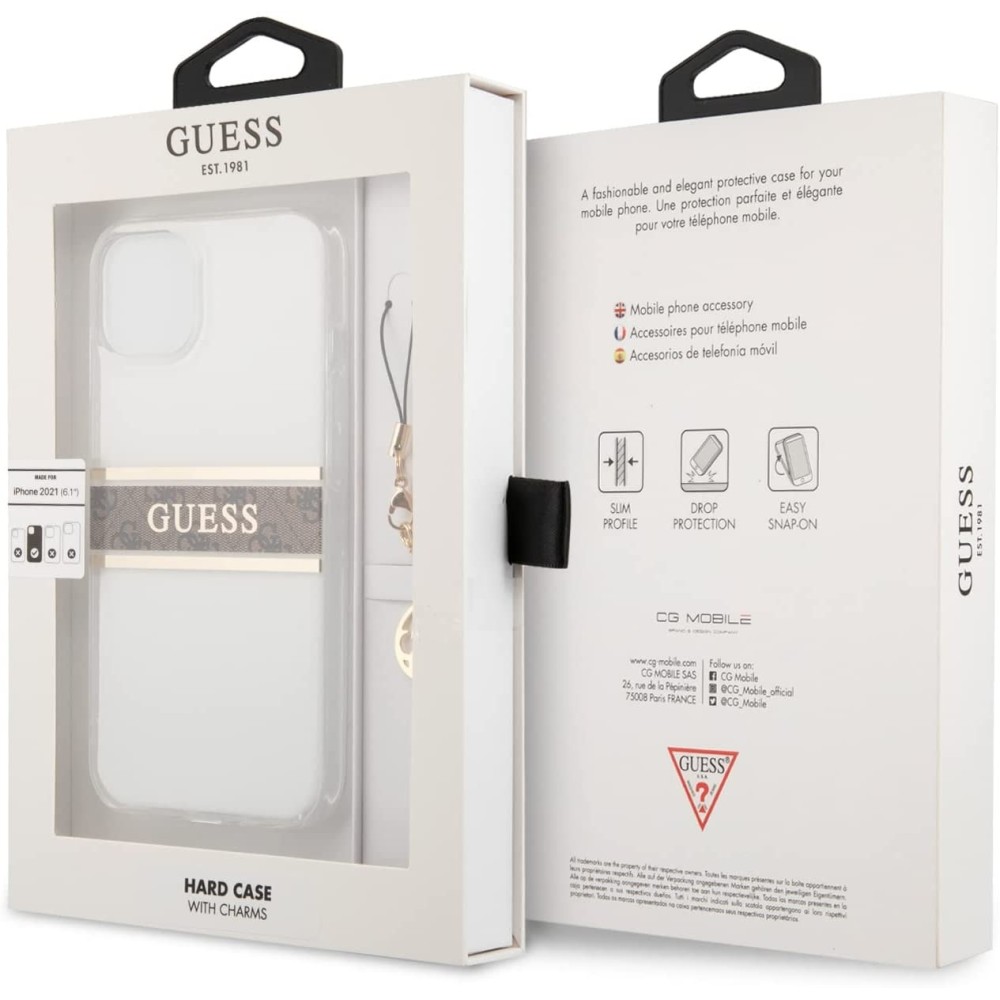 Guess Carcasa para iPhone 13 de 6,1", Transparente, 4G, Color marrón