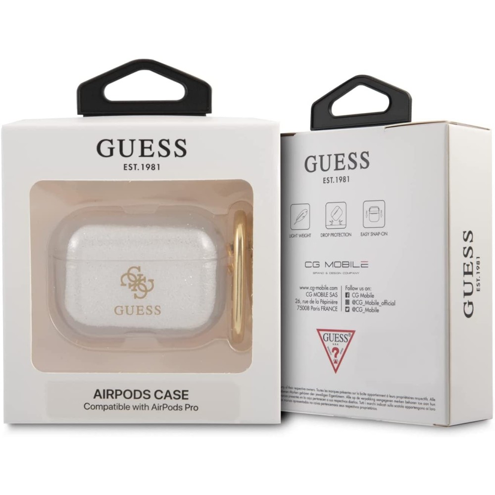 FUNDA DE TPU GUESS 4G GLITTER COLLECTION PARA AIRPODS PRO - TRANSPARENTE