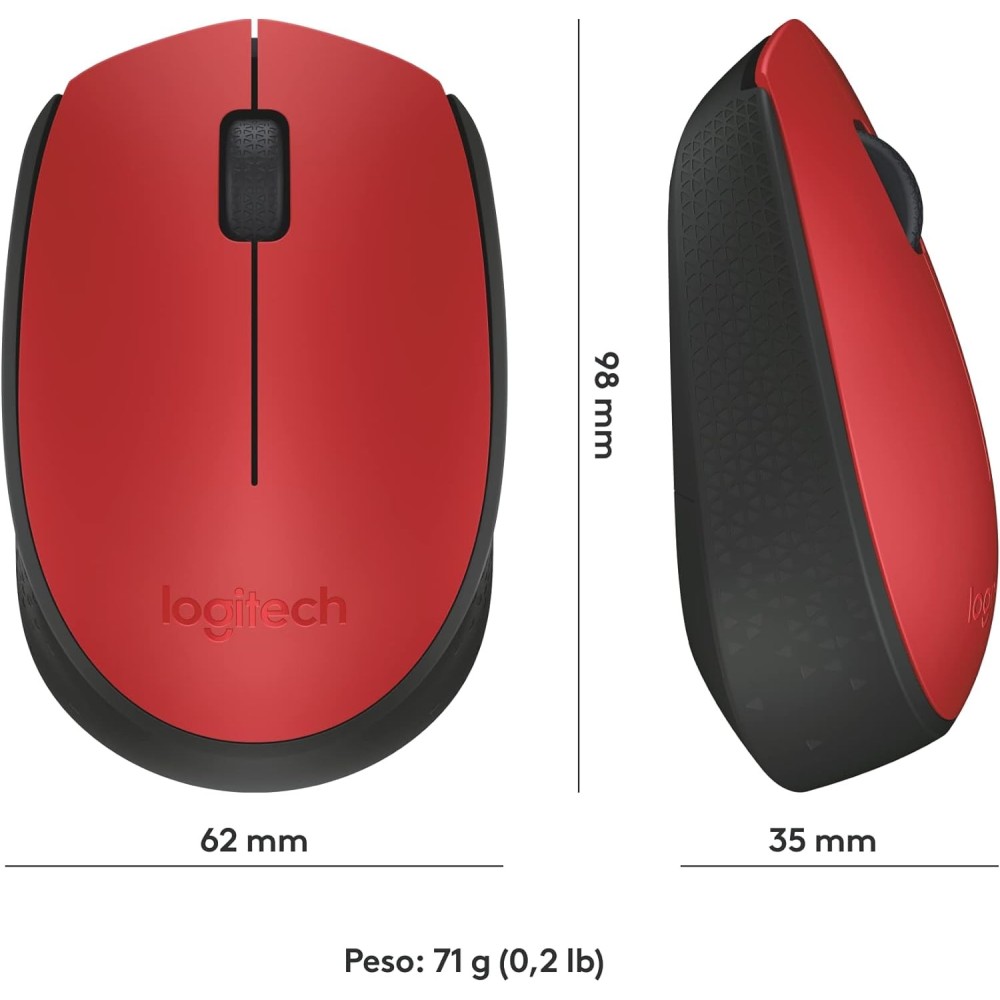 Logitech M171 Ratón inalámbrico para PC, Mac, portátil, 2,4 GHz con minireceptor USB, seguimiento óptico, ambidiestro, Rojo