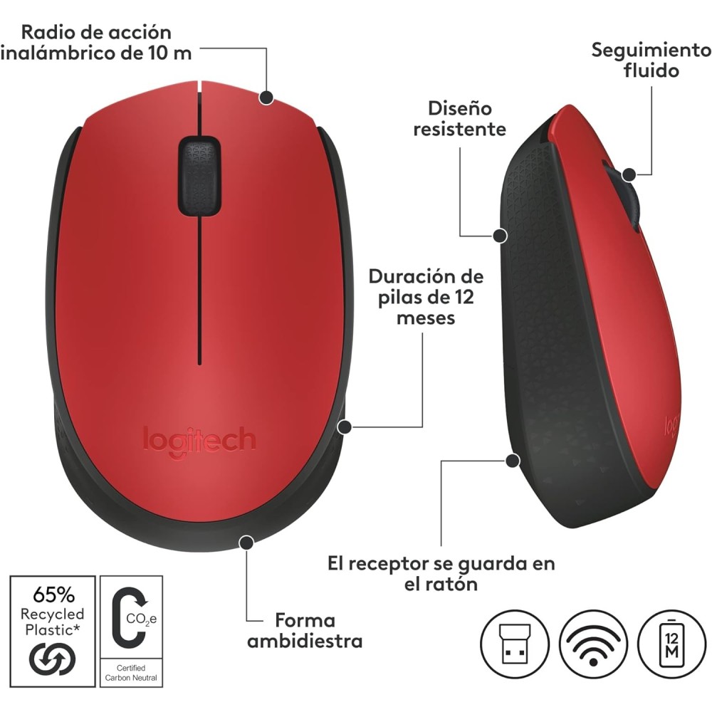 Logitech M171 Ratón inalámbrico para PC, Mac, portátil, 2,4 GHz con minireceptor USB, seguimiento óptico, ambidiestro, Rojo