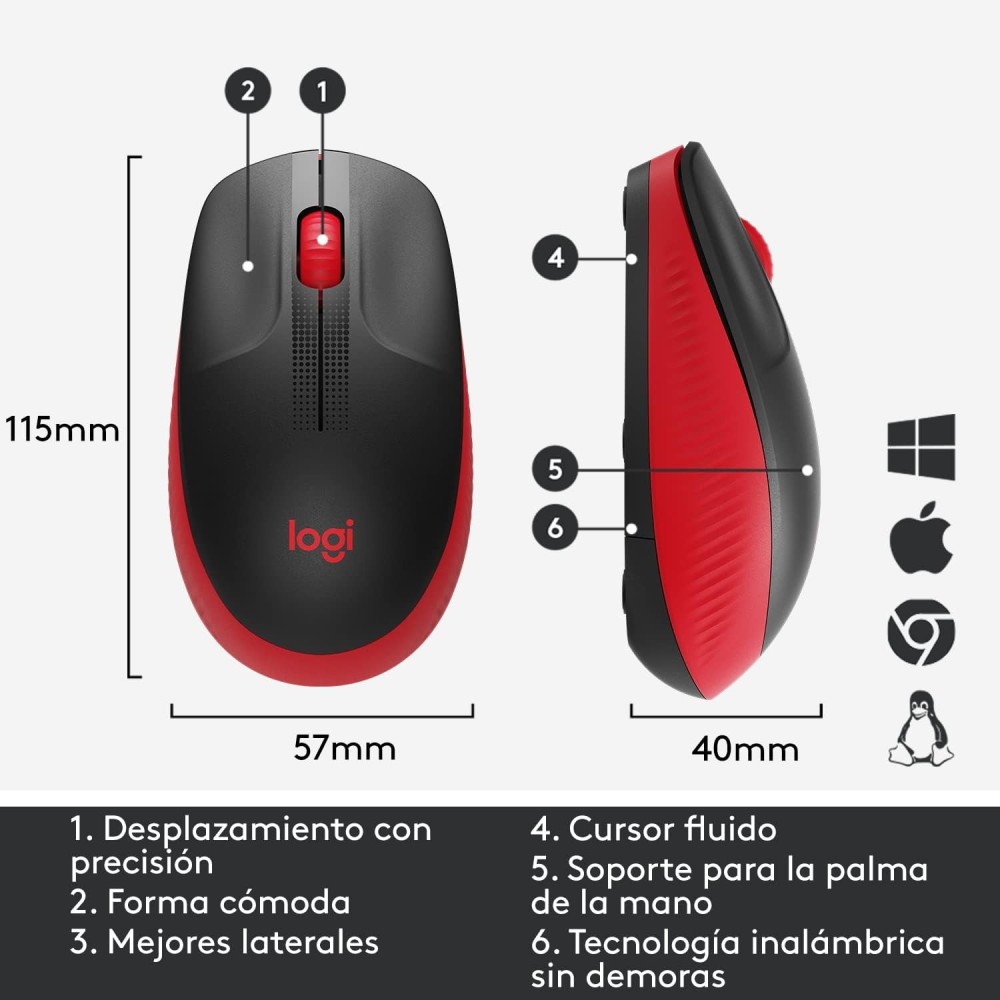 Logitech Ratón Inalámbrico M190, Diseño Curvo Ambidiestro,Receptor USB, Cursor y Desplazamiento Preciso,Rojo