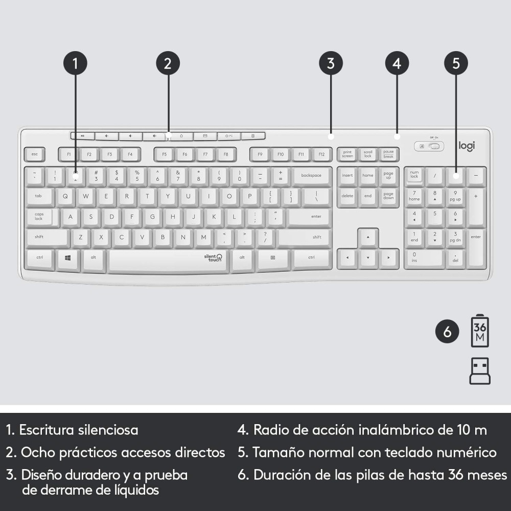 Logitech - Mk295 Silent Wireless Combo Teclado Usb Qwerty Español Blanco